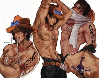 May include: Digital illustration of three shirtless male figures, each with dark hair and tan skin. They wear brown hats with blue accents and necklaces. One has a tattoo that says "Ace" and another has a tattoo of a symbol. The figures are in various poses.