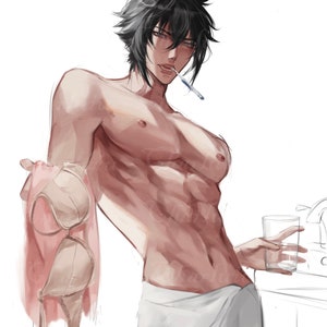Puede incluir: Un hombre sin camisa con cabello negro y una toalla envuelta alrededor de su cintura. Él está sosteniendo un vaso de agua en una mano y un sujetador en la otra.