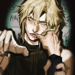 Impresión artística de Cloud Strife mordiendo Final Fantasy VII