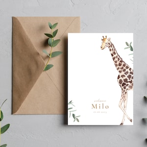 Birth announcement boy with giraffe - Unique and sweet design - Editable via Canva