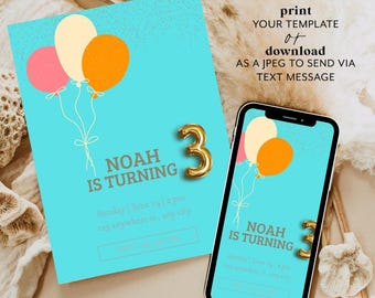 Balloons Birthday Invitation, Pink Birthday Invite, 1st Birthday Girl, Girls First Birthday Balloon Pink and Gold, 1st Birthday Invitation,