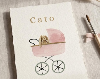 Editable girl's birth announcement card – Canva template – Vintage stroller illustration – Baby announcement – Customizable