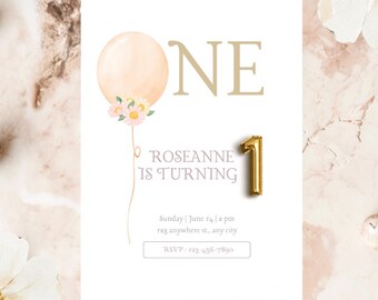 Balloons Birthday Invitation, Pink Birthday Invite, 1st Birthday Girl, Girls First Birthday Balloon Pink and Gold, 1st Birthday Invitation,