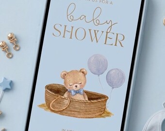 Invitación digital para baby shower de niño: diseño de ositos de peluche con globos. Plantilla editable de Canva.