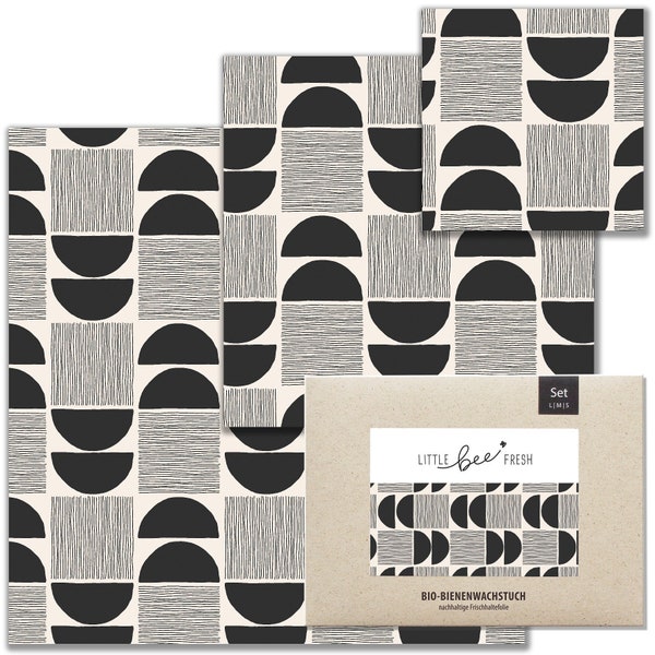 Organic Beeswax Cloths Starter Set S/Meter/L "Monochrome" from Germany - keeps food fresh naturally, beautifully & plastic-free!