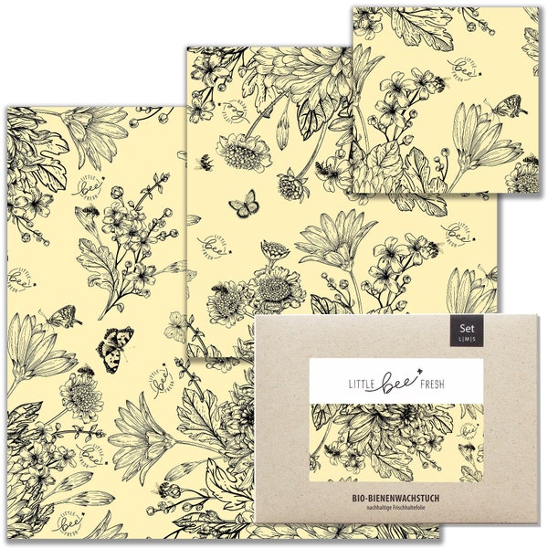Organic Beeswax Cloths Starter Set S/Meter/L "Flower Meadow" from Germany - keeps food fresh naturally, beautifully & plastic-free!