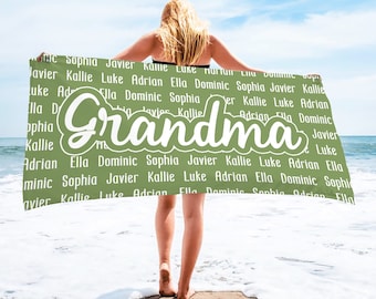 Personalized Grandma Beach Towel, Custom Mothers Day Beach Towel, Grandkids Name Nana Beach Towel, Summer Gift, Child Name Towel, Mama Gift