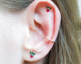 Fête des Mères - Puces d'oreilles fraises - Puces d'oreilles CZ vert fuchsia - Clous d'oreilles en argent sterling - Boucles d'oreilles fruits - Boucles d'oreilles en forme de fraise