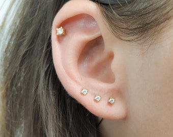 Puces d'oreilles zirconium - Puces d'oreilles CZ minuscules - Puces d'oreilles diamants argent rose - Puces d'oreilles minuscules CZ diamants - Puces d'oreilles diamants 2 mm 3 mm