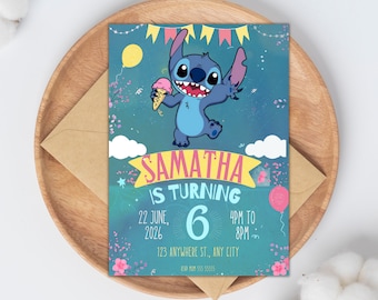 Sjabloon Stitch-verjaardagsuitnodiging: bewerkbare feestuitnodiging (5 x 7) (digitale download)