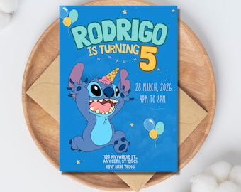 Sjabloon Stitch-verjaardagsuitnodiging: uitnodiging voor kinderfeestje (digitale download)