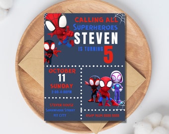 Verjaardagsuitnodiging Spidey en vrienden: bewerkbare sjabloon (digitale download)