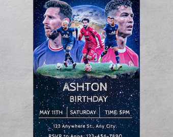 May include: A blue and white birthday invitation with a photo of four famous soccer players. The invitation says "Ashton Birthday" and includes the date, time, and RSVP information.