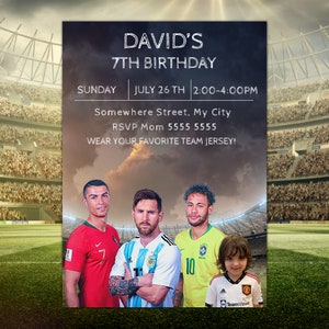 Votre photo, Ronaldo, Messi, Neymar, faire-part d'anniversaire, anniversaire de stars du football, carte d'anniversaire de sport, modifiable, téléchargement numérique