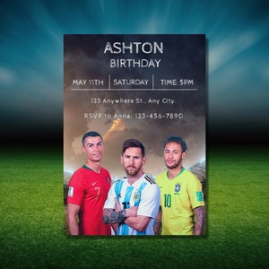 Ronaldo, Messi, Neymar, Invitation d'anniversaire, Anniversaire de stars du football, Carte d'anniversaire sportive, Modifiable, Téléchargement numérique