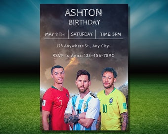 Ronaldo, Messi, Neymar, Birthday Invitation, Football Stars Birthday, Sports Bday Card, Editable, Digital Download