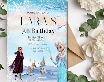 Bewerkbare Frozen verjaardagsuitnodiging | Prinses Elsa, wintersneeuw (digitale download)