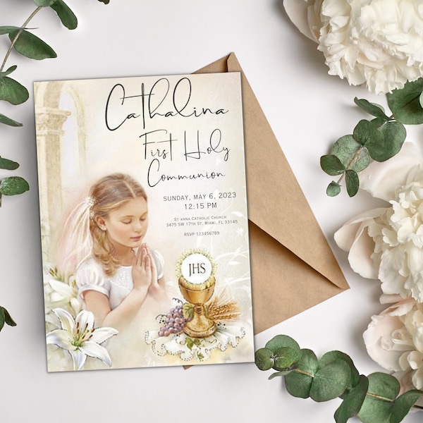 First Holy Communion Invitation Template, , Editable First Communion Invite Card Printable, Template INSTANT Download girls