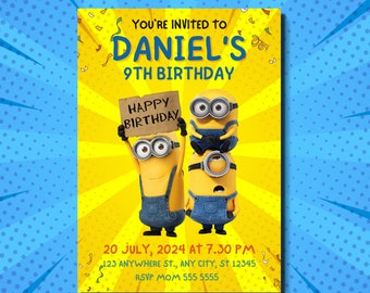 Verjaardagsuitnodiging Minions: bewerkbaar kinderfeestje (digitale download)