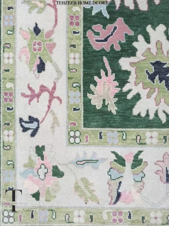 10x14 Beige And Green Rug, Oushak Rug With Ivory, Olive Green & Light Pink Motifs: Modern Coastal Comfort Area Rug
