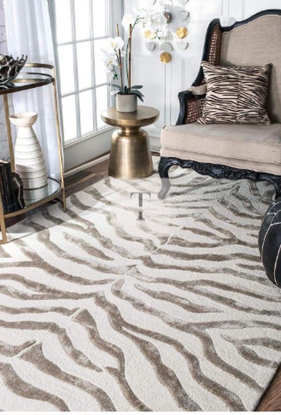 Zebra Skin Style White Rug-Tufted 100% Wool Handmade Area Rug Carpet for Home, Bedroom, Living Room, Kids Room, Any Room