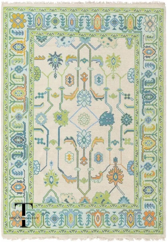 Hand Knotted Blue Green Oushak Rug for Living Room,Dining Room,Office,Bedroom,Hand Knotted Wool Area Rugs,9x12,10x14,Modern Oushak Rug