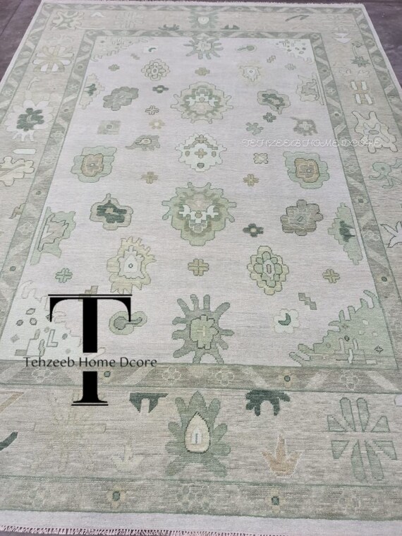 Neutral Oushak Rug Contemporary Lite Green Modern Oushak Hand knotted Rug | Wool Area Turkish Rug | Living Room Area Rug Hand woven rug