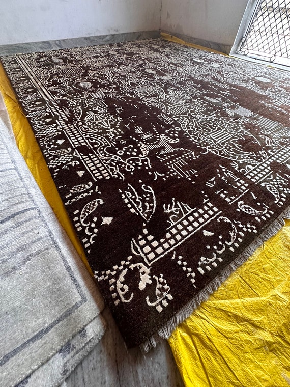 Nepalese’s Chocolate Hand-Knotted Indo Tibetan Rug - Wool Carpet - Ideal Wedding Gift  Bedroom, Wool Rug Living Room 8x10 Immediate Shipping