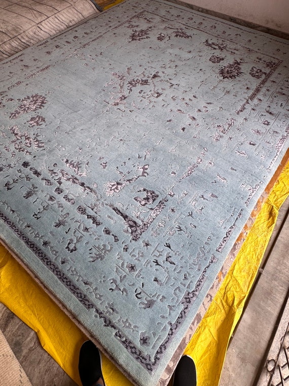 Tele Blue-Charcoal Hand-Knotted Indo Tibetan Rug - Wool Carpet -Ideal Wedding Gift Bedroom,Custom Rug,Wool Rug Living rug Immediate Shipping