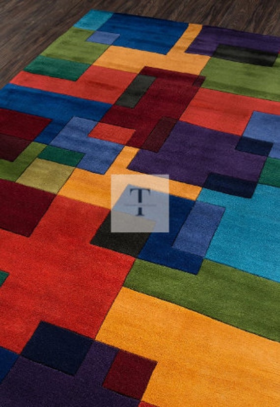 Multi Colored Block-Tufted 100% Wool Handmade Area Rug Carpet for Home, Bedroom, Living Room, Kids Room, Any Room