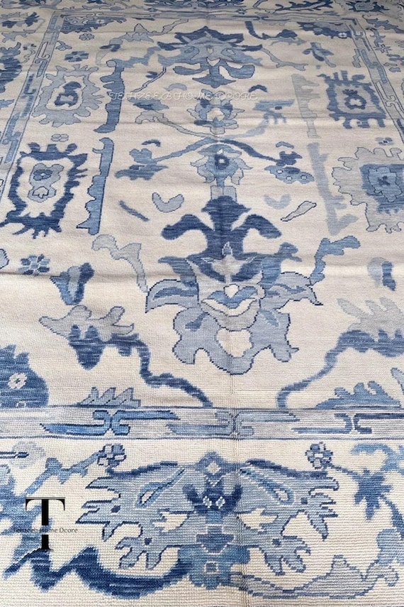 Blue Oushak Rug for Living room, Dining Room, Office, Entryway,Hand Knotted 8x10,9x12,10x14