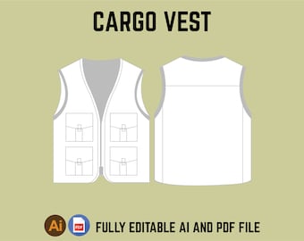 Cargo Utility Vest fashion Flat template Streetwear Vector Ai Editable Digital Mockup Illustrator Procreate Clothing Template