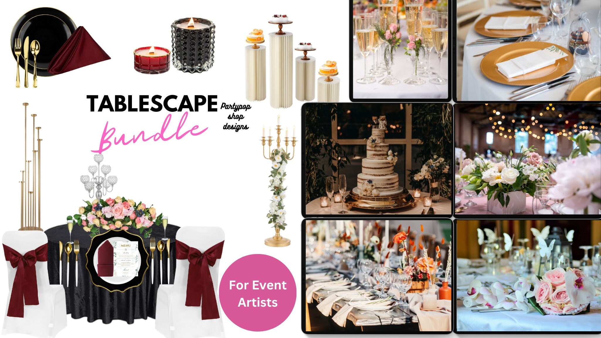Ensemble essentiel de planification du lieu de mariage, fleurs de mariage, décoration de mariage, paysage de table, maquette d'événement, maquette de toile de fond, piédestal, plan de salle