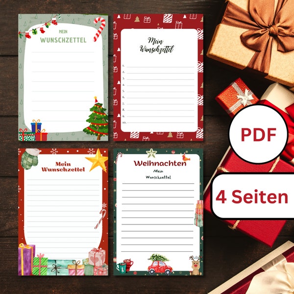 Wunschzettel 4 Varianten | Digitale Vorlage zum Ausdrucken | Wunschzettel Christkind | Weihnachten | Sofort Download | Weihnachtswunschliste