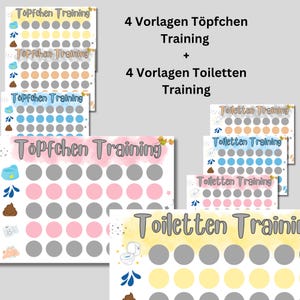 Könnte beinhalten: Vier druckbare Töpfchentraining-Diagramme mit verschiedenen Farbschemata. Jedes Diagramm hat ein Raster mit Kreisen, um den Fortschritt zu verfolgen. Die Diagramme zeigen den Text "Töpfchen Training" und "Toiletten Training".