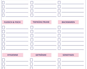 Könnte beinhalten: Eine druckbare Einkaufsliste mit Kontrollkästchen für verschiedene Kategorien: Obst und Gemüse, Milchprodukte, Käse und Wurst, Fleisch und Fisch, Tiefkühlkost, Backwaren, Hygiene, Getränke und Sonstiges. Die Vorlage hat einen rosa Hintergrund und blaue Linien.