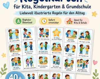 Może przedstawiać: Zestaw edukacyjnych kart z zasadami dla dzieci, zawierający kolorowe ilustracje dzieci w różnych sytuacjach społecznych. Karty zawierają niemieckie napisy opisujące pozytywne zachowania, takie jak dzielenie się, pomaganie i słuchanie, łącznie ponad 40 kart.