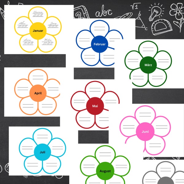 Verjaardagskalender | Verjaardag kinderbloemen voor elke maand | Digitale printsjabloon PDF | Voor scholen, kinderdagverblijven, kleuterscholen, gastouders