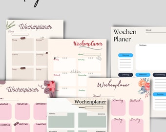 May include: Five printable weekly planner templates with floral designs. The templates are in a light pink and green color scheme. The text on the templates is in German.