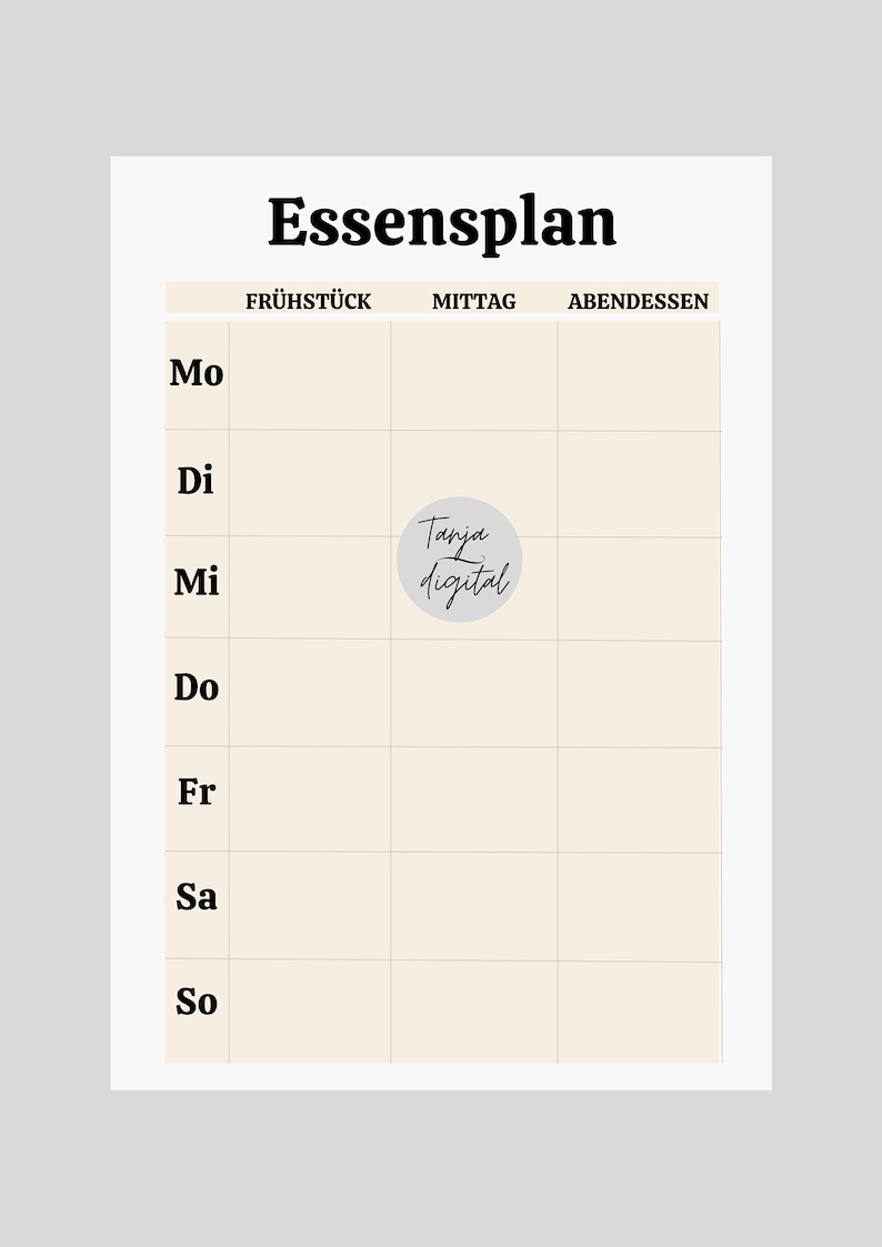 Essensplan Druckvorlage | Speiseplan | PDF 7 Seiten diversen Vorlagen