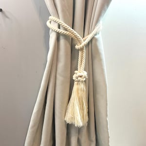 Curtain tiebacks -- drapery tiebacks -- White Cotton Diamond Knot Tieback - Handmade Tassel Accent