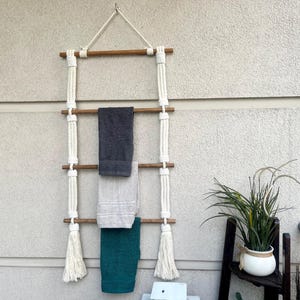 Towel Ladder Rack – Cotton Rope & Dark Wood Holder – Hanging Towel Dryer with Hook