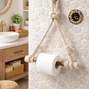Hand held toilet paper holder made of cotton rope and wood ..Rustic Decor..Towel Holder