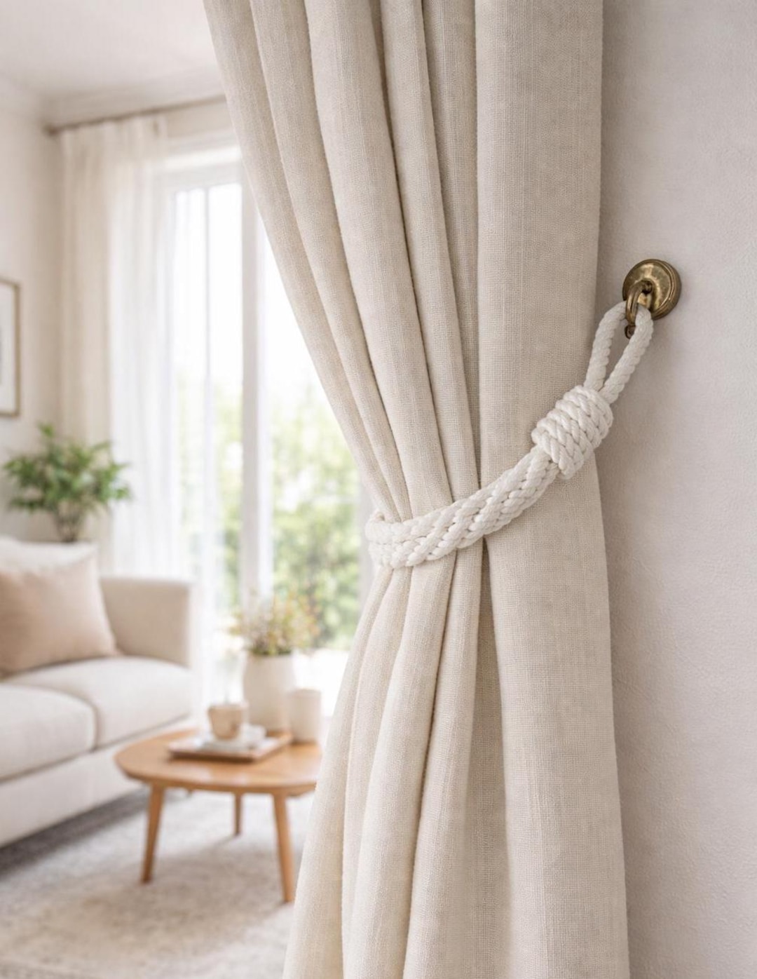 Coiled Rope Drapery Elegant White Cotton Rope Curtain Tieback – Minimalist Handmade Drapery ...