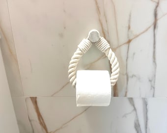 Portarrollos de papel higiénico de cuerda blanca con gancho de mármol: decoración de baño moderna hecha a mano