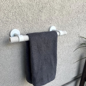Cotton Rope Towel Holder – White Metal Bracket Kitchen or Bathroom Rack