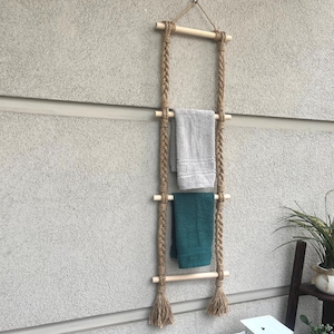 Towel Ladder Rack – Jute Rope & Wood Towel Holder – Hanging Dryer with Hook