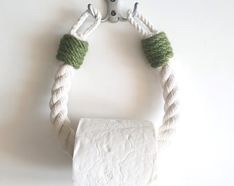 Handgemaakte toiletrolhouder... Wit katoenen touw met groen accent... Handdoekopslag... Badkamerdecor... Keukendecor... Huishouders