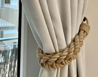 Curtain holdback..Window knitted Jute rope decor..Curtain accessories..Nautical Decor..Curtain tiebacks on the wall.