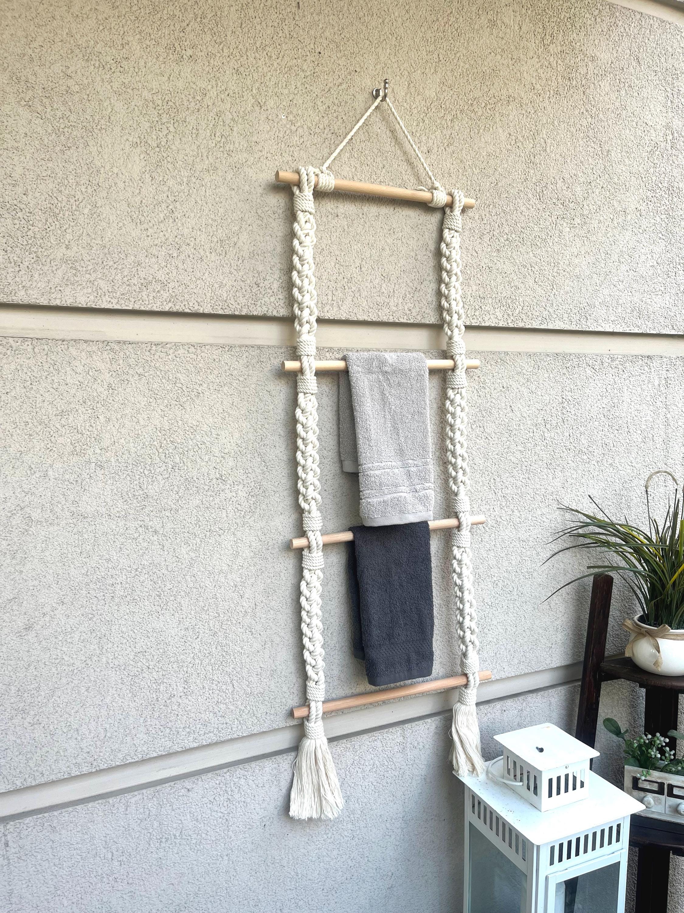 Rackl Robe Towel Ladder Rack – Cotton Rope and Wood Holder With Hanging Hook ...